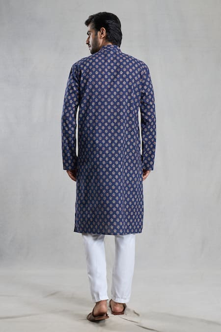 Shop_Arihant Rai Sinha_Blue Jacquard Embroidery Floral Print Kurta _at_Aza_Fashions