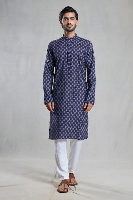Arihant Rai Sinha_Blue Jacquard Embroidery Floral Print Kurta _Online_at_Aza_Fashions