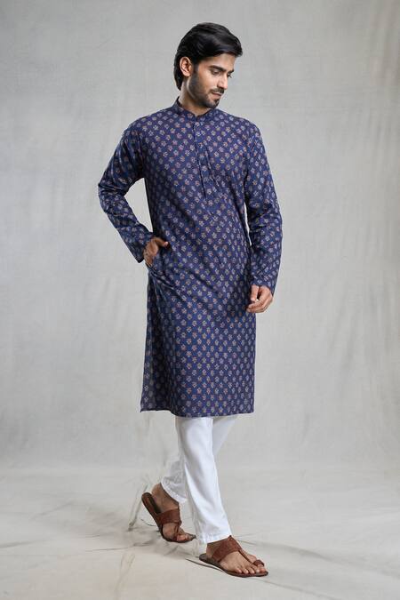 Buy_Arihant Rai Sinha_Blue Jacquard Embroidery Floral Print Kurta _Online_at_Aza_Fashions