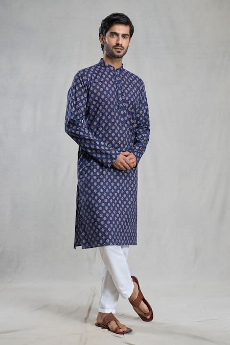 Shop_Arihant Rai Sinha_Blue Jacquard Embroidery Floral Print Kurta _Online_at_Aza_Fashions