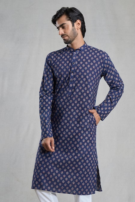 Arihant Rai Sinha_Blue Jacquard Embroidery Floral Print Kurta _at_Aza_Fashions