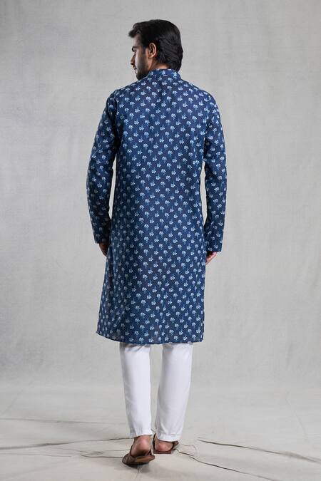 Shop Arihant Rai Sinha Blue Jacquard, Cotton Embroidery Flower Print Kurta Set at Aza Fashions Shop_Arihant Rai Sinha_Blue Jacquard, Cotton Embroidery Flower Print Kurta Set_at_Aza_Fashions