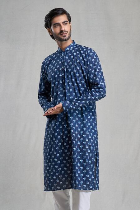 Arihant Rai Sinha Blue Jacquard, Cotton Embroidery Flower Print Kurta Set Online at Aza Fashions Arihant Rai Sinha_Blue Jacquard, Cotton Embroidery Flower Print Kurta Set_Online_at_Aza_Fashions