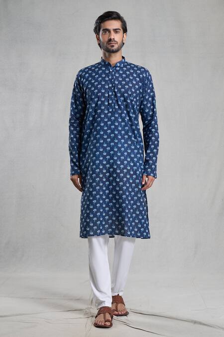 Shop Arihant Rai Sinha Blue Jacquard, Cotton Embroidery Flower Print Kurta Set Online at Aza Fashions Shop_Arihant Rai Sinha_Blue Jacquard, Cotton Embroidery Flower Print Kurta Set_Online_at_Aza_Fashions