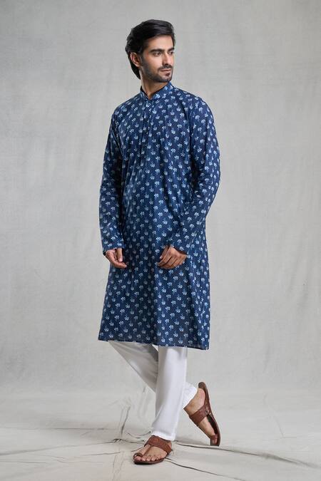 Shop_Arihant Rai Sinha_Blue Cotton Embroidery Flower Print Kurta_Online_at_Aza_Fashions