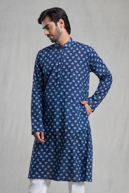 Arihant Rai Sinha_Blue Cotton Embroidery Flower Print Kurta_at_Aza_Fashions