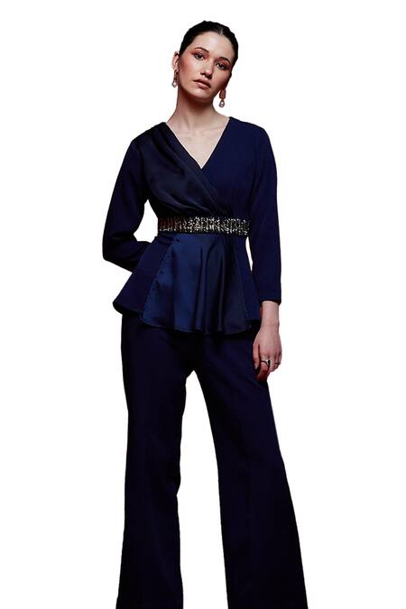 House Of Zeniaa_Blue Crepe Crystals, Stones V-neck The Emily Hand Embellished Top_at_Aza_Fashions