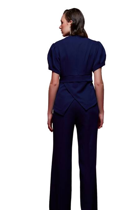 Buy_House Of Zeniaa_Blue Crepe Crystals, Stones V-neck The Emily Hand Embellished Top