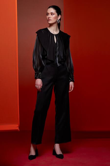 Shop House Of Zeniaa Black Organza Stones Round Neck Miss Birdy Top Online at Aza Fashions Shop_House Of Zeniaa_Black Organza Stones Round Neck Miss Birdy Top_Online_at_Aza_Fashions