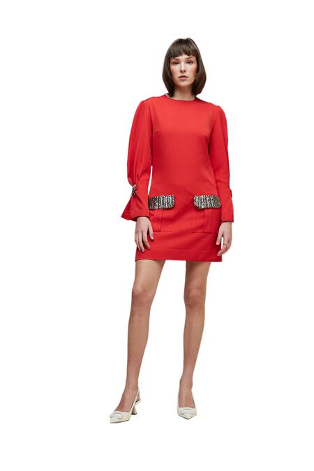 Shop House Of Zeniaa Red Crepe Cut Work Round Neck The Lila Dress Shop_House Of Zeniaa_Red Crepe Cut Work Round Neck The Lila Dress