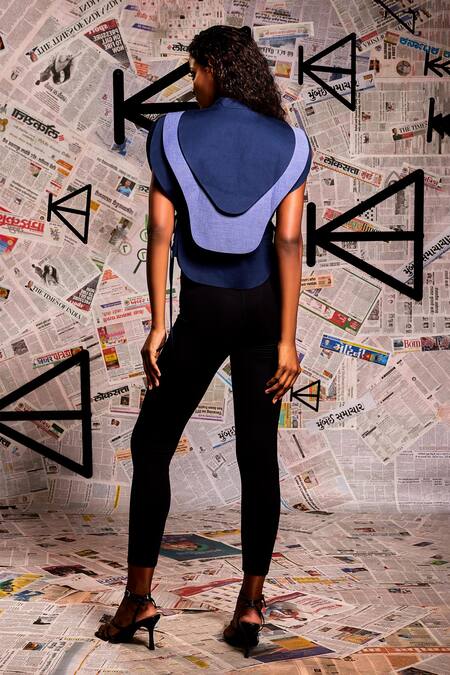 Shop_Echke_Blue Cotton Mandarin Collar Colour Block Petal Armoured Top _at_Aza_Fashions