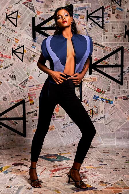 Buy_Echke_Blue Cotton Mandarin Collar Colour Block Petal Armoured Top _Online_at_Aza_Fashions