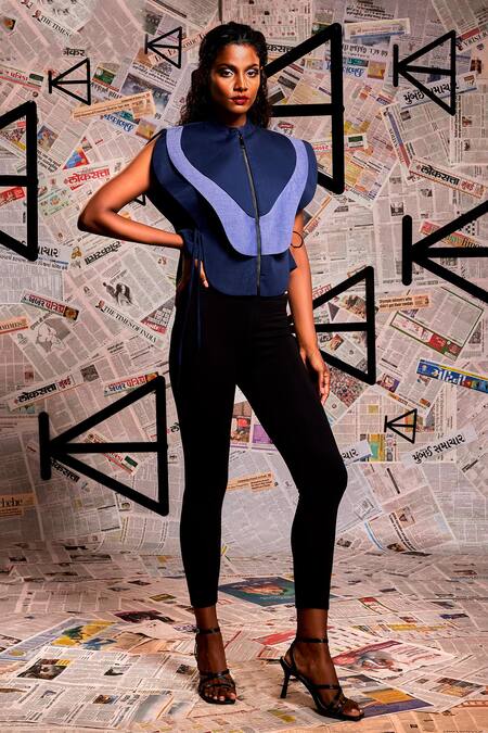 Shop_Echke_Blue Cotton Mandarin Collar Colour Block Petal Armoured Top _Online_at_Aza_Fashions