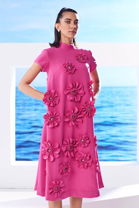 House Of Zeniaa_Pink Crepe Fabric Flowers High Neck Merina Embellished Midi Dress_Online_at_Aza_Fashions