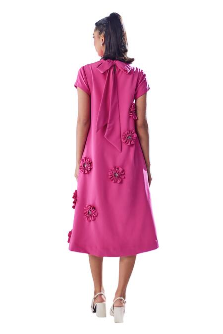 House Of Zeniaa_Pink Crepe Fabric Flowers High Neck Merina Embellished Midi Dress_at_Aza_Fashions