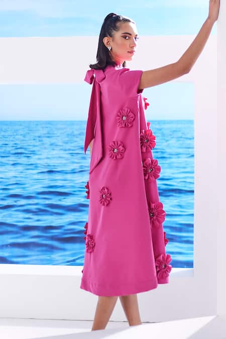 Buy_House Of Zeniaa_Pink Crepe Fabric Flowers High Neck Merina Embellished Midi Dress