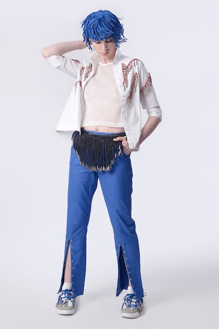 Nitin Bal Chauhan Edge White Linen Satin Embellished Cord Tassels Stand 3d Shirt With Slit Pant 