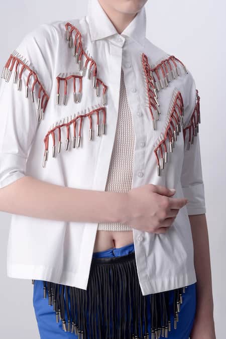 Nitin Bal Chauhan_White Linen Satin Embellished Cord Tassels Stand 3d Shirt With Slit Pant _Online_at_Aza_Fashions