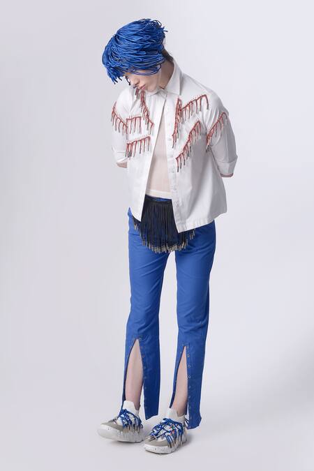 Buy_Nitin Bal Chauhan_White Linen Satin Embellished Cord Tassels Stand 3d Shirt With Slit Pant _Online_at_Aza_Fashions