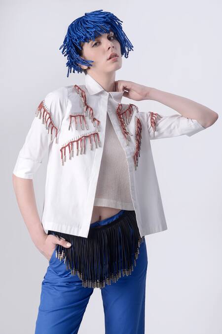 Shop_Nitin Bal Chauhan_White Linen Satin Embellished Cord Tassels Stand 3d Shirt With Slit Pant _Online_at_Aza_Fashions