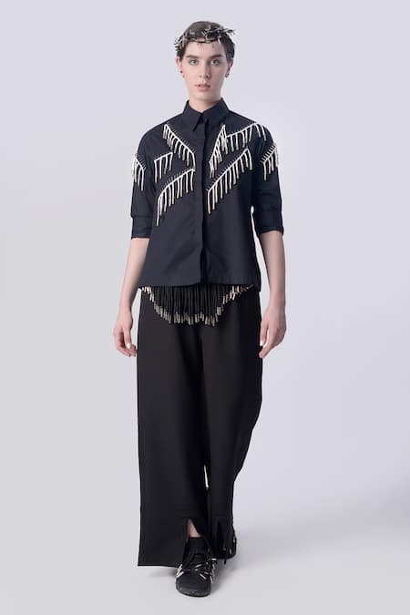 Nitin Bal Chauhan Edge Black Egyptian Cotton Embellished Cord Tassels Stand Bead Shirt With Pant 