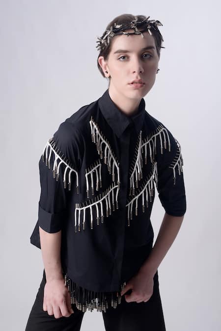 Buy_Nitin Bal Chauhan_Black Egyptian Cotton Embellished Cord Tassels Stand Bead Shirt With Pant _Online_at_Aza_Fashions