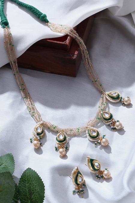 Dugran By Dugristyle_Green Pearls, Gota Patti, Stones Teardrop Kundan And Necklace Set _Online_at_Aza_Fashions