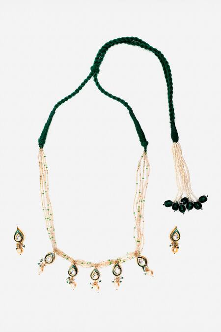 Buy_Dugran By Dugristyle_Green Pearls, Gota Patti, Stones Teardrop Kundan And Necklace Set _Online_at_Aza_Fashions