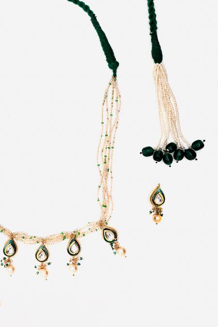 Shop_Dugran By Dugristyle_Green Pearls, Gota Patti, Stones Teardrop Kundan And Necklace Set _Online_at_Aza_Fashions
