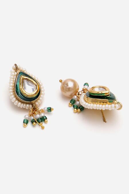 Dugran By Dugristyle_Green Pearls, Gota Patti, Stones Teardrop Kundan And Necklace Set _at_Aza_Fashions