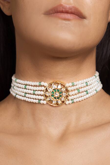 Joules by Radhika_White Classic Floral Carved Choker_Online_at_Aza_Fashions