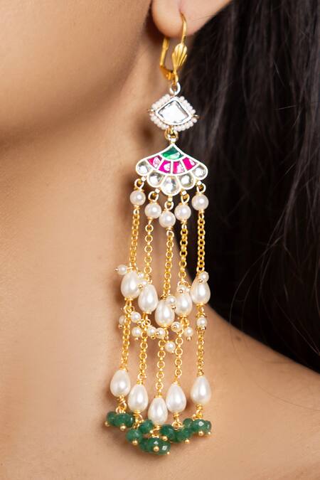 Joules By Radhika_Multi Color Pearls, Stones, Beads Vibrant Studded Tassel Earrings_Online_at_Aza_Fashions