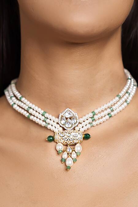 Joules By Radhika White Pristine Pearl Multi Strand Embellished Choker Necklace Online at Aza Fashions Joules By Radhika_White Pristine Pearl Multi Strand Embellished Choker Necklace _Online_at_Aza_Fashions