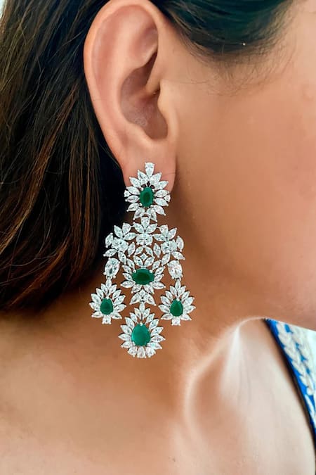 PRERTO Mary Emerald Teardrop & Square Diamond Embellished Necklace Set 