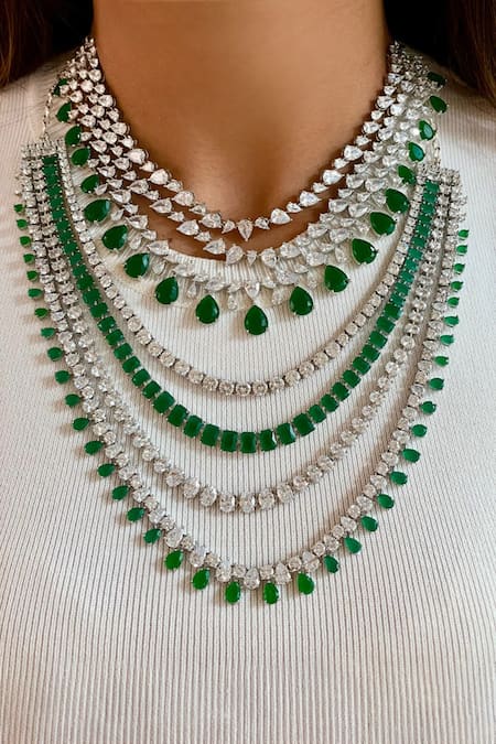 Buy Green Emerald Stone Maharani 3 And 4 Layered Diamond Embellished Necklace Set by Prerto Online at Aza Fashions in CA