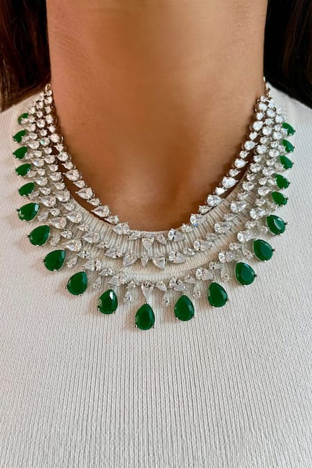 PRERTO_Green Diamonds, Embroidery Maharani 3 And 4 Layered Embellished Necklace Set _Online_at_Aza_Fashions
