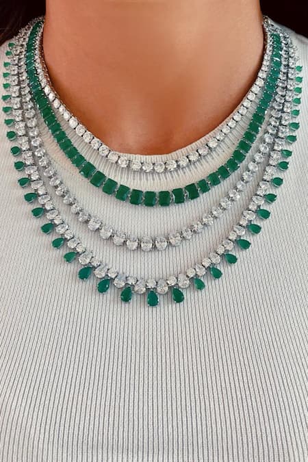 Buy_PRERTO_Green Diamonds, Embroidery Maharani 3 And 4 Layered Embellished Necklace Set _Online_at_Aza_Fashions