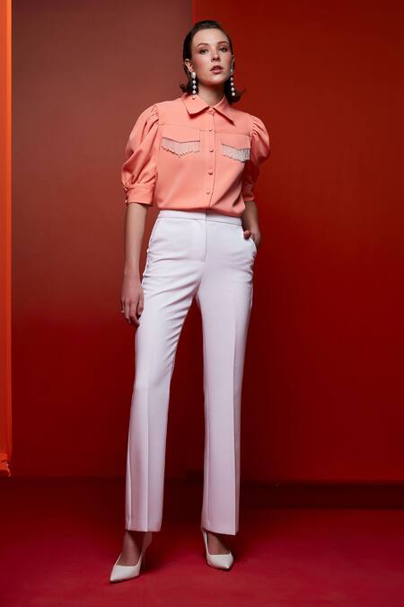 House Of Zeniaa_Peach Crepe Pearls Collared Dangler Shirt_at_Aza_Fashions