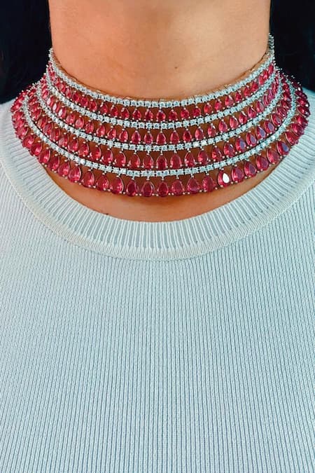 Prerto Ruby & Diamond Stone Embellished Necklace Set 