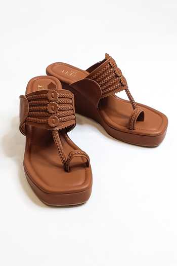 Buy_The Alter_Brown Braided Strapped Kolhapuri Wedges _Online_at_Aza_Fashions