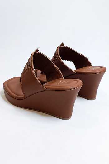 Shop_The Alter_Brown Braided Strapped Kolhapuri Wedges _Online_at_Aza_Fashions