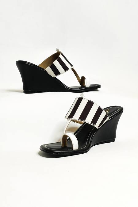 Shop The Alter Black Striped Print Kolhapuri Wedges Shop_The Alter_Black Striped Print Kolhapuri Wedges