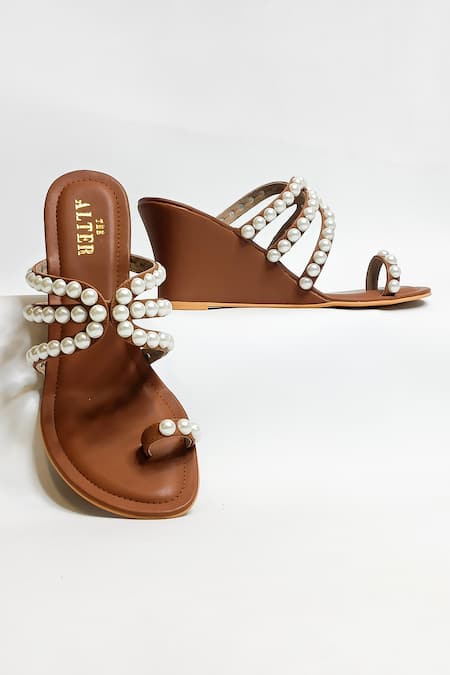 The Alter Brown Pearls Embellished Kolhapuri Wedges