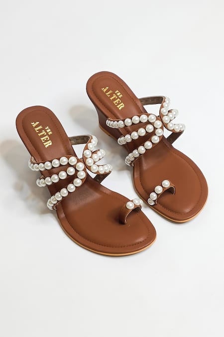 The Alter_Brown Pearls Embellished Kolhapuri Wedges _Online_at_Aza_Fashions