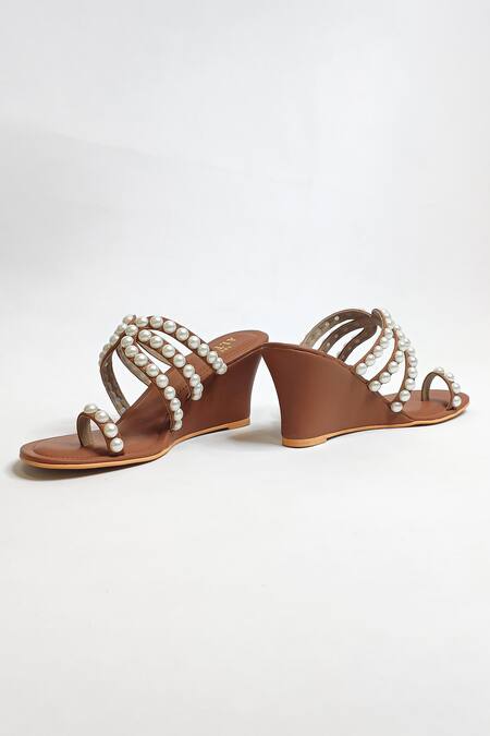 Shop_The Alter_Brown Pearls Embellished Kolhapuri Wedges _Online_at_Aza_Fashions