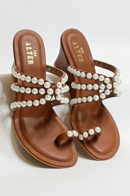 The Alter_Brown Pearls Embellished Kolhapuri Wedges _at_Aza_Fashions