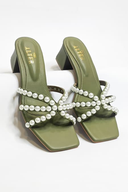 The Alter Green Pearl Embellished Block Heels