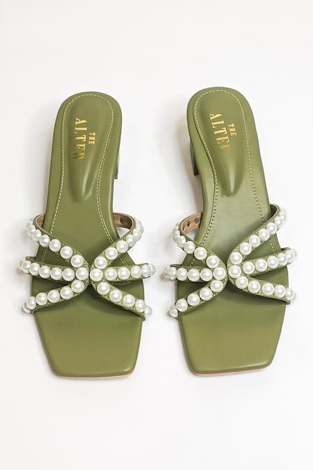 Shop The Alter Green Pearl Embellished Block Heels at Aza Fashions Shop_The Alter_Green Pearl Embellished Block Heels _at_Aza_Fashions