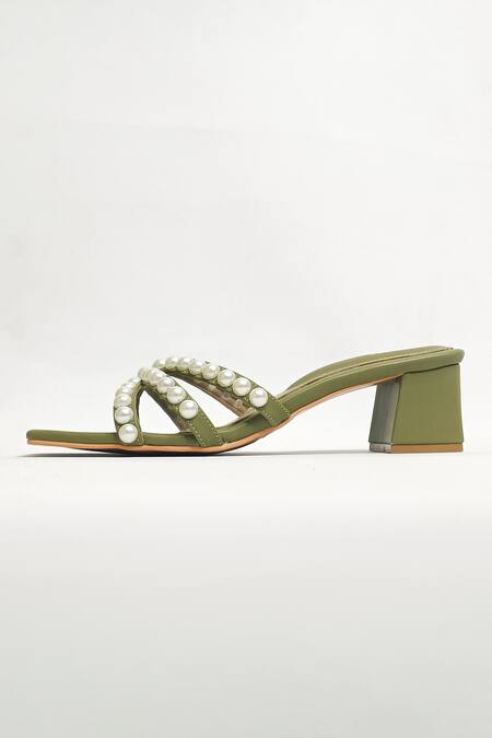 The Alter Green Pearl Embellished Block Heels Online at Aza Fashions The Alter_Green Pearl Embellished Block Heels _Online_at_Aza_Fashions