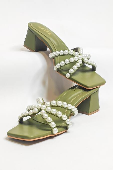 The Alter Green Pearl Embellished Block Heels at Aza Fashions The Alter_Green Pearl Embellished Block Heels _at_Aza_Fashions